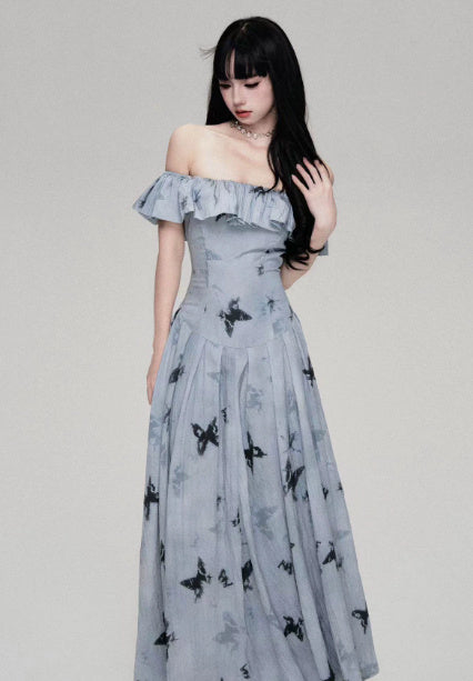 French Retro Gentle Off-shoulder Butterfly Print Dress