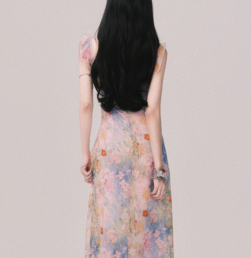 French Style V-neck Floral Strap Dress Seaside Vacation Style Long Dress