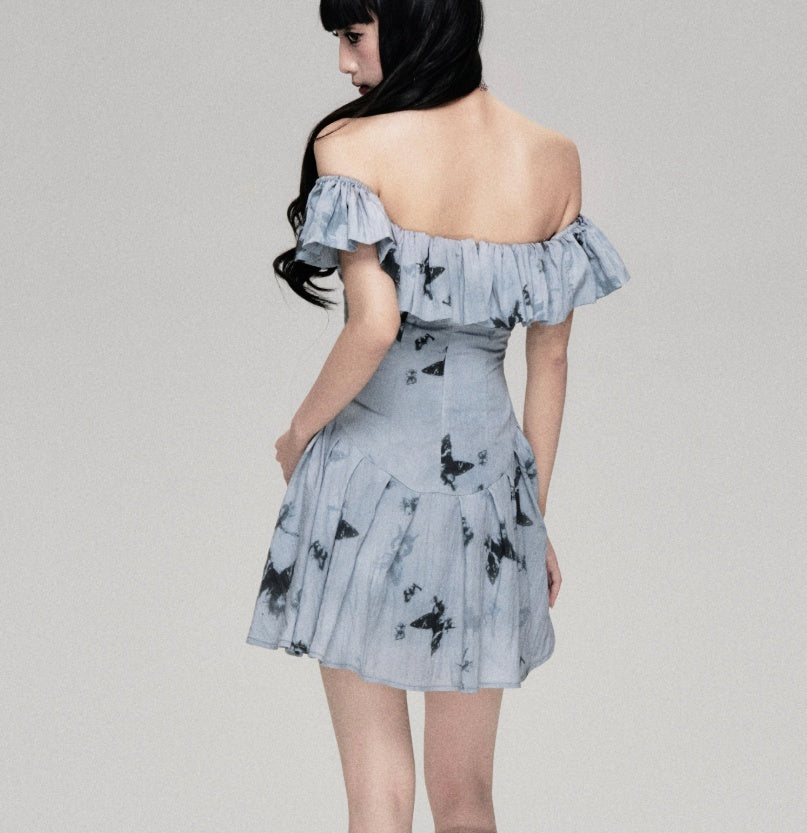 French Retro Gentle Off-shoulder Butterfly Print Dress
