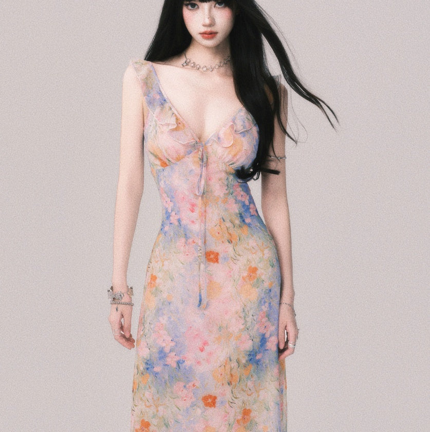 French Style V-neck Floral Strap Dress Seaside Vacation Style Long Dress