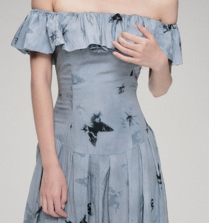 French Retro Gentle Off-shoulder Butterfly Print Dress