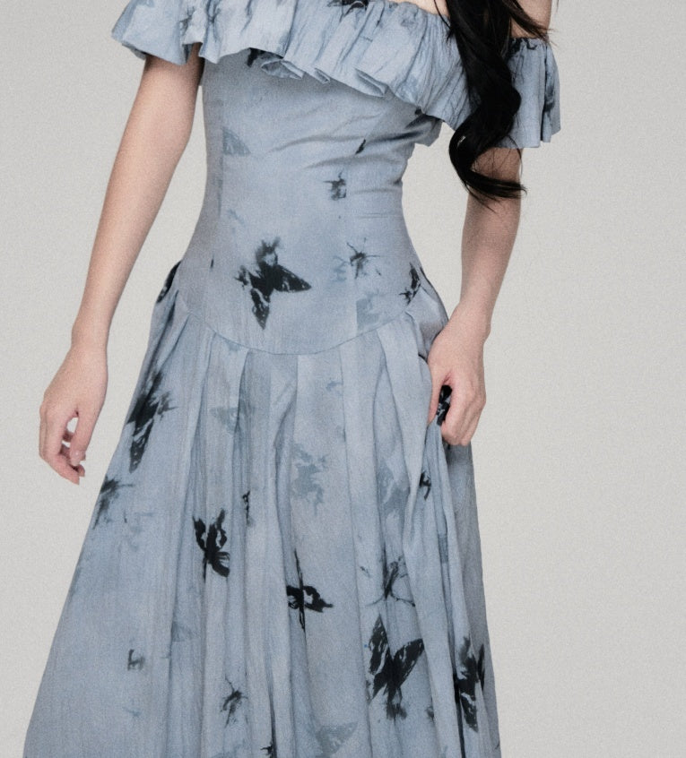 French Retro Gentle Off-shoulder Butterfly Print Dress